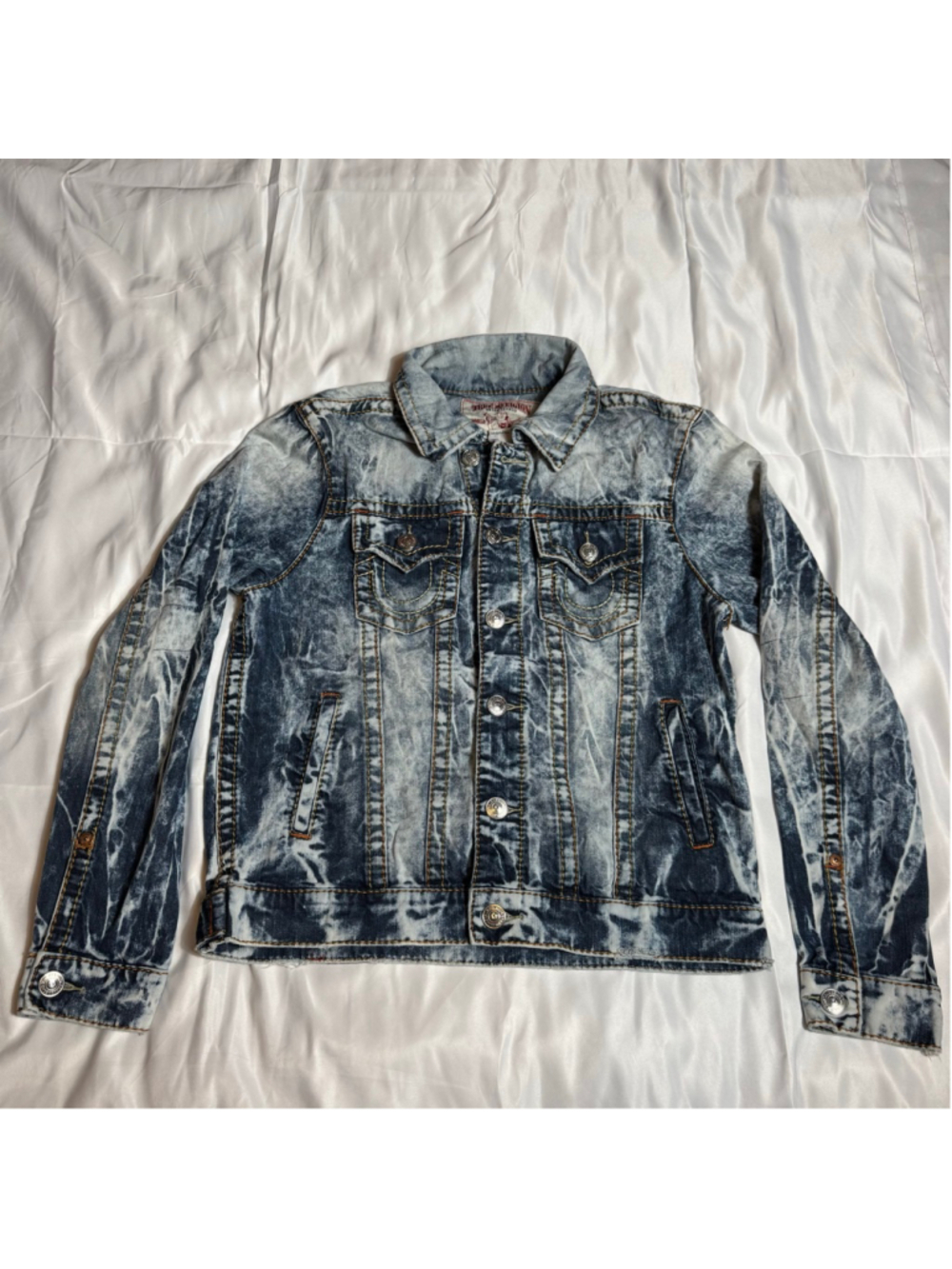 Men's True Religion Trucker Jacket M Blue White Acid Wash